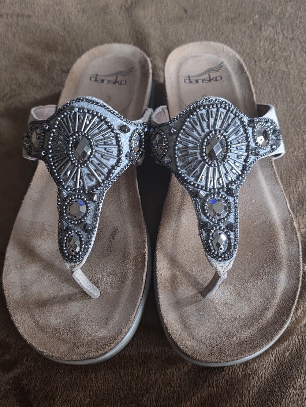 Dansko Women's Taupe Beaded Thong Sandals with Silver Accents
